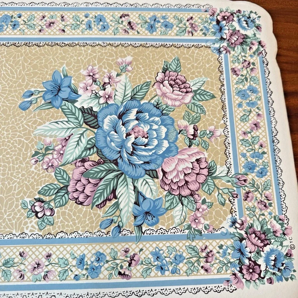 Town & Country Vanessa Vinyl Placemats Set of 4 | Floral Roses Blue Pink Vintage